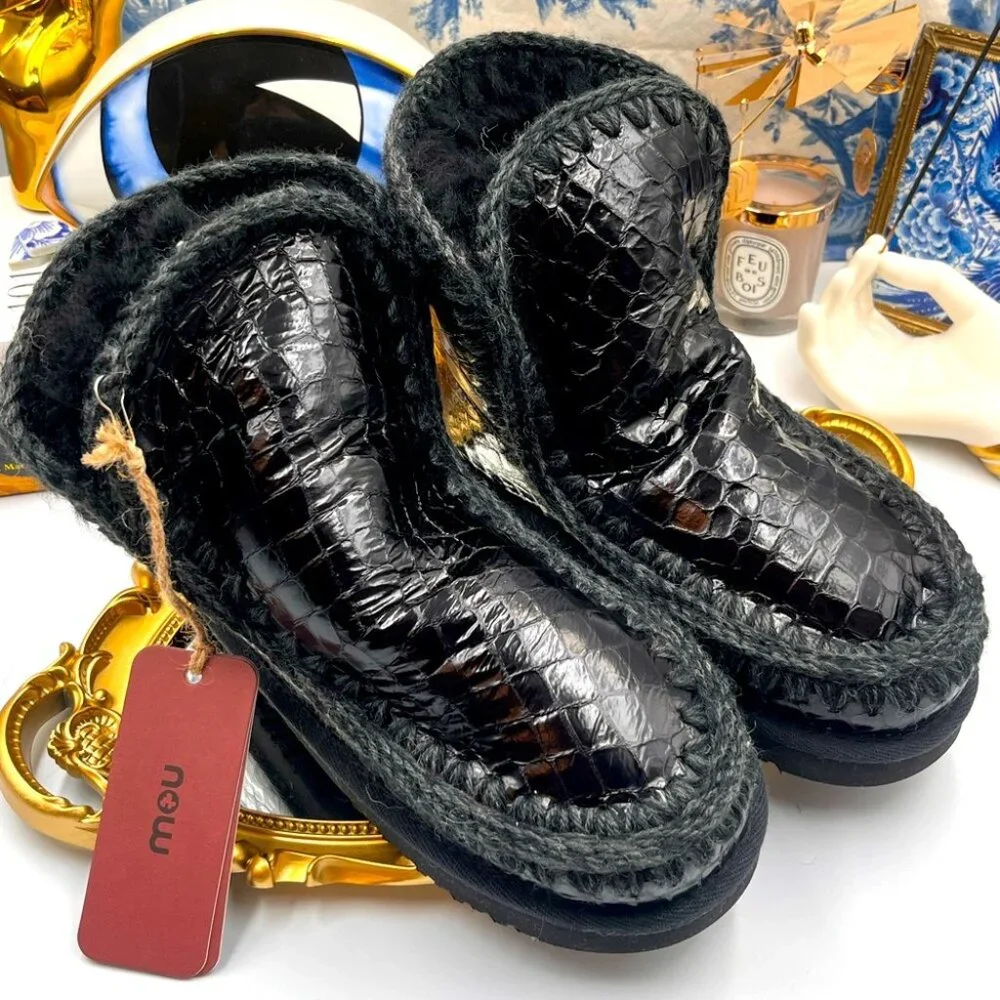 🆕 MOU 🧿 NWT Eskimo 18 Crocodile-Embossed Boots, Black - Sz 38